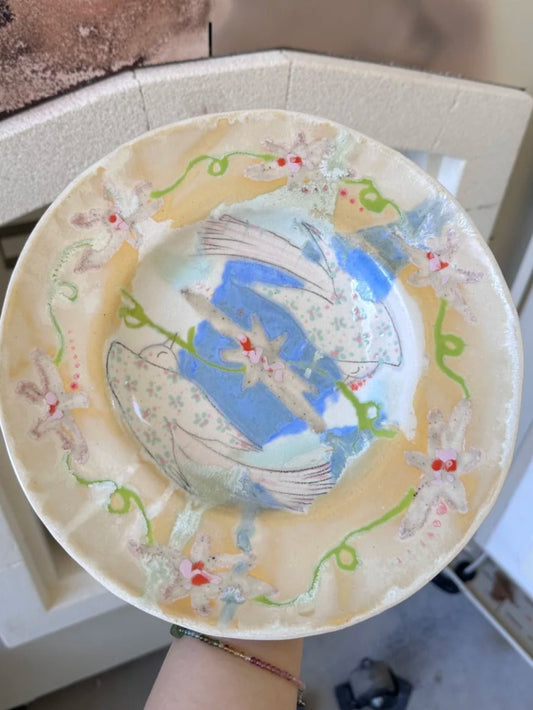 Floral & Bird Yao Bian Deep Plate - Yellow