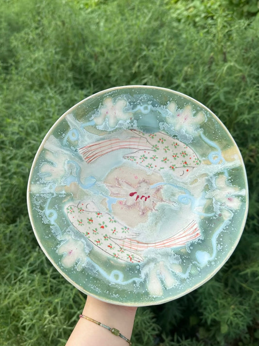 Floral & Bird Yao Bian Deep Plate - Green