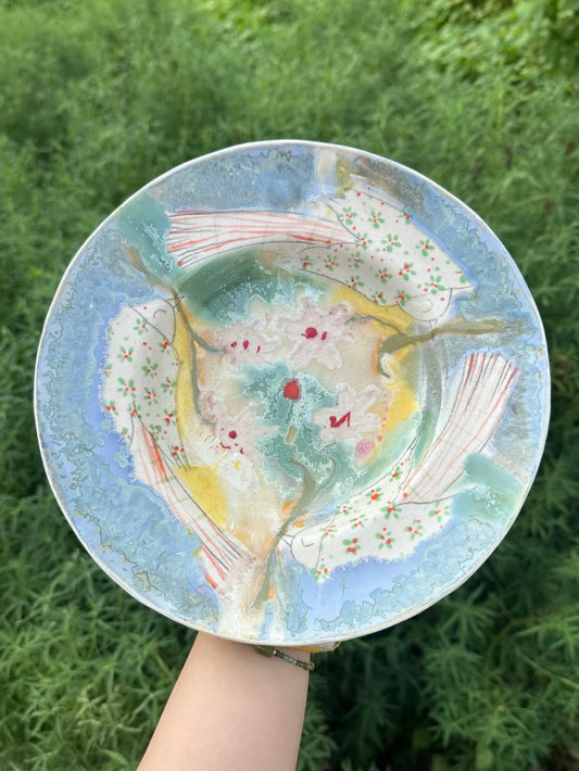 Floral & Bird Yao Bian Deep Plate - Blue